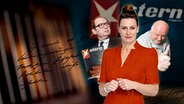 Moderatorin Anja Reschke, links der Stern-Reporter Gerd Heidemann (1983) und rechts der Fälscher der sogenannten Hitler-Tagebücher Konrad Kujau. Reschke Fernsehen vom 23.02.2023 im Ersten. © NDR / Reschke Fernsehen Foto: Thorsten Jander