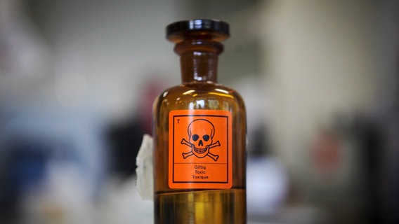 Eine Chemieglasflasche mit einem Aufkleber für "Giftig" und einem Totenkopf-Symbol © picture alliance / dpa | Fredrik Von Erichsen 